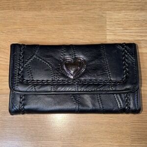 Black Patch Leather Wallet Women's Heart Chrome Braided Leather 7" Folded